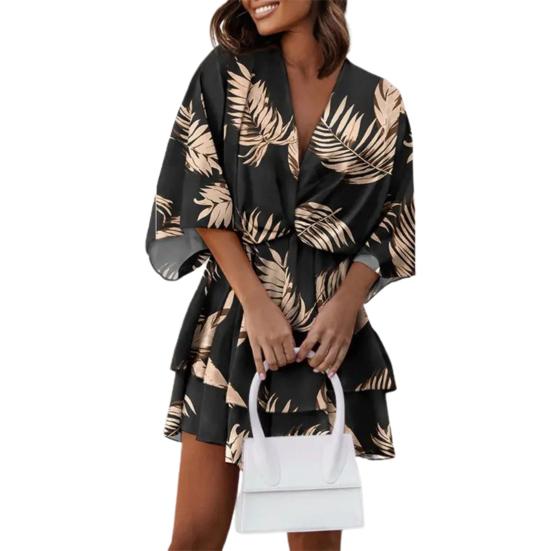 V-Neck Batwing Half Sleeve Layer Ruffle Hem Mini Dress Summer Casual Waist Drawstring Leaves Print Mini Dress Female Clothes
