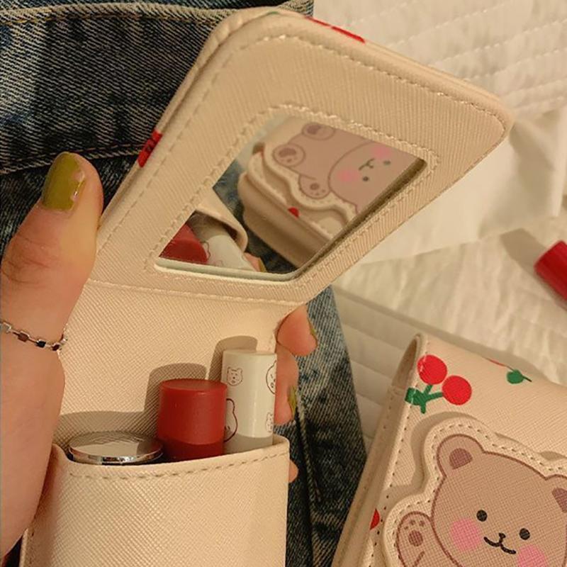 Portable Lipstick Makeup Bag with Mirror Little Teddy Bear Lipstick Bag Bear Lipgloss Storage Bag Cosmetic Pouch Makeup Case