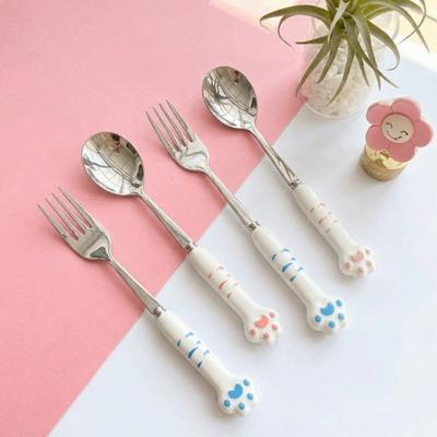 Cute Cat Paw Cutlery Set Portable Fork Spoon Set Meal Accessories Boxed Tableware Household Use