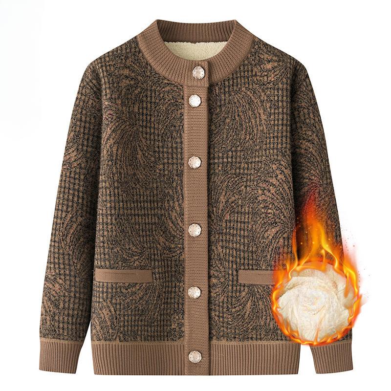 Middelaldrende og Eldre Varmt Tøy Genser Dame Bestemor Høst og Vinter Pluss Fløyel Tykk Jakke Mor Strikkejakke Vinter