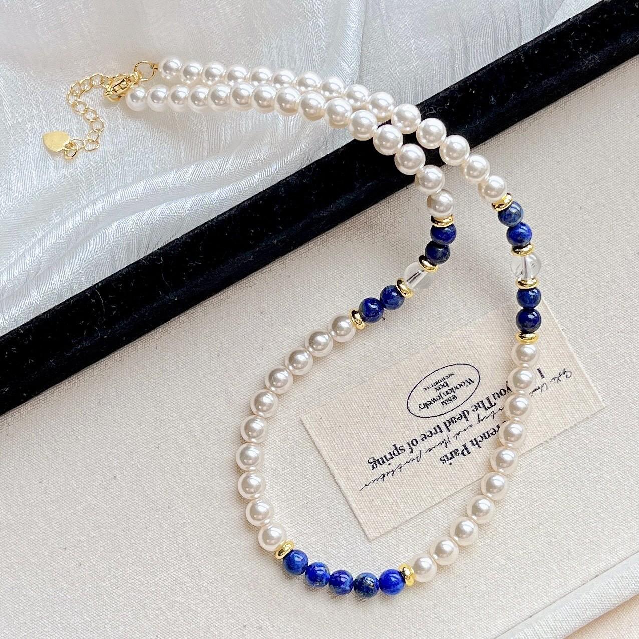 High Quality Natural Lapis Lazuli White Crystal High Gloss Artificial Crystal Pearl Design Necklace Collarbone Chain