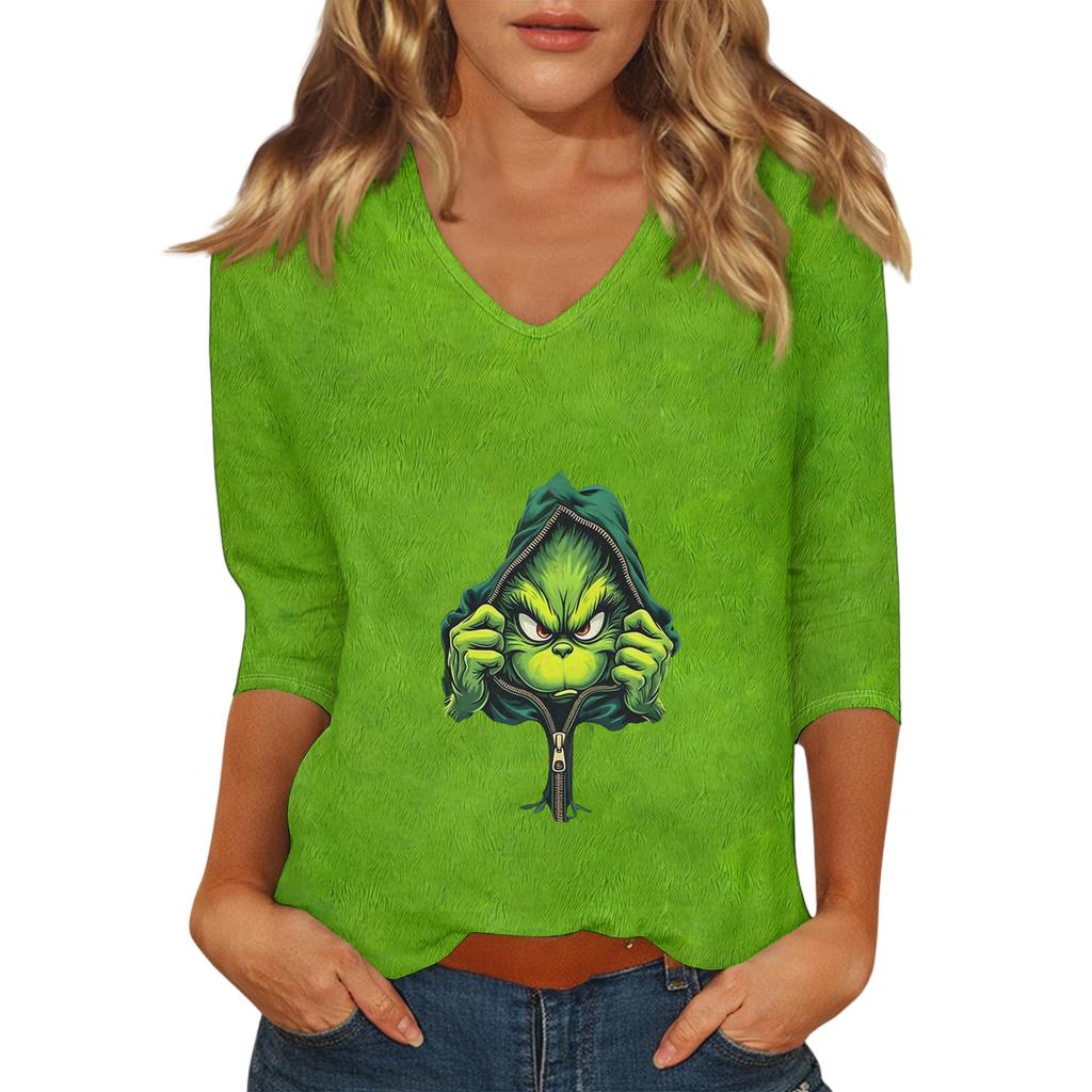 Women's Casual Fashionable Sexy Comfortable V-Neck Christmas Three-Quarter Sleeve Top