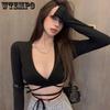 Women Crop Top Summer Long Sleeve Corset Y2k Tops Korean Tanktop Navel Tie Thin Black T-Shirt Ladies Boho Gothic Sexy Clothes