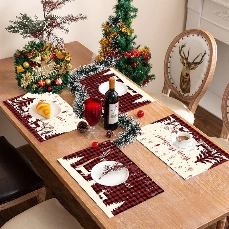 4/6/8pcs New Christmas Placemat Festival Decoration Set Santa Claus Linen Tableware Pads Tablecloth for Christmas Celebrations