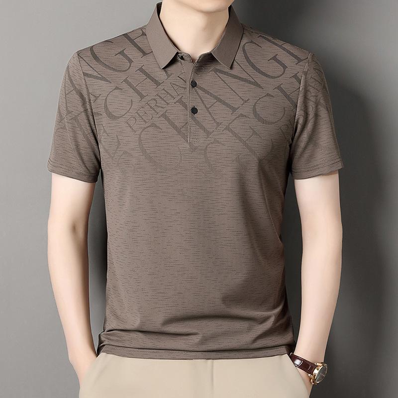Business Casual Short-Sleeved Men'S Lapel Breathable Polo Shirt Loose Half-Sleeved High-Elastic Printed T-Shirt