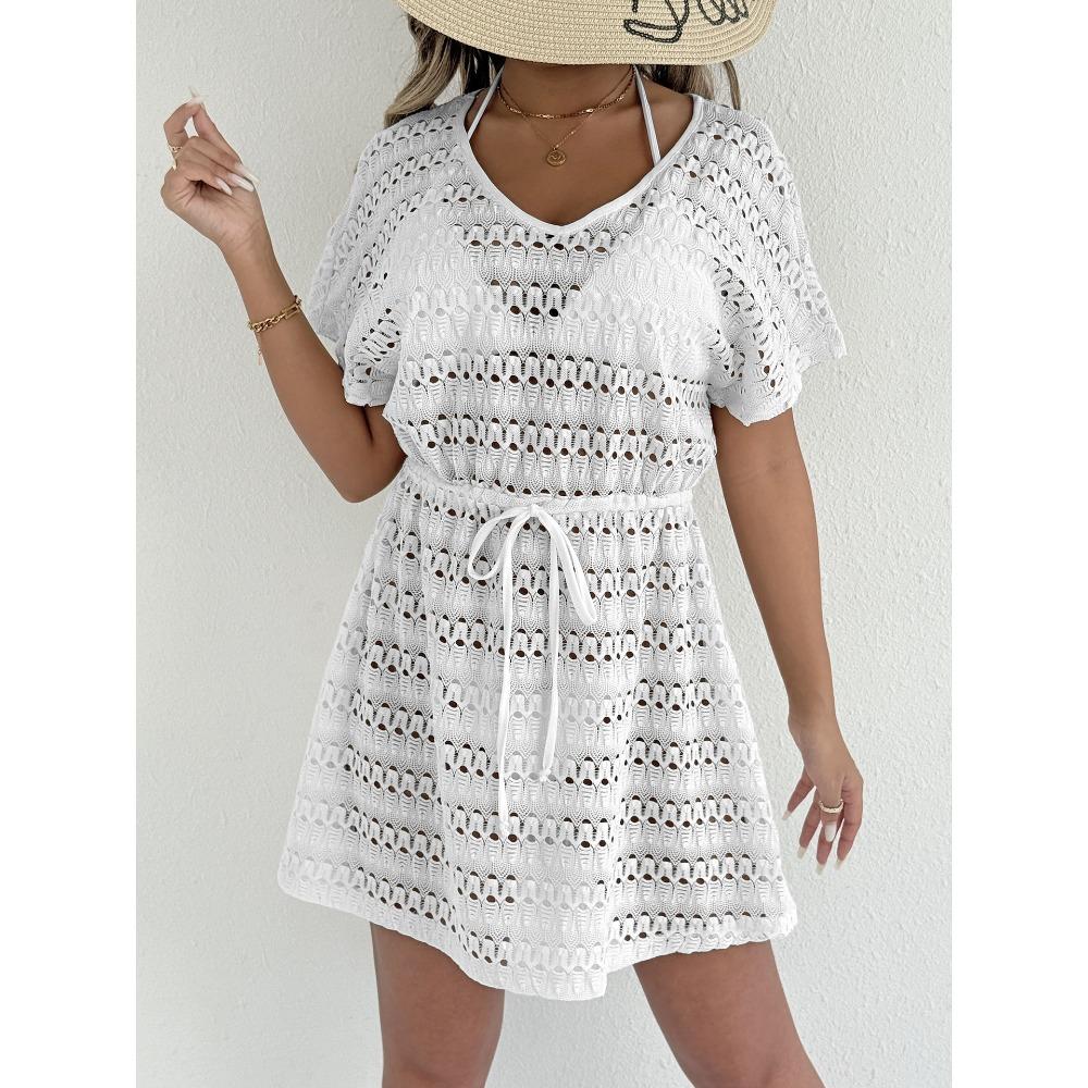 Women's Sheer Lace Camisole Beach Dress with Drawstring Waist and Bow Ties