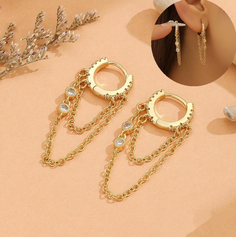 New Arrival Double Chains Long Tassel Drop Earrings For Women Korean Stainless Steel Zircon Hanging Earring Piercing Jewelry
