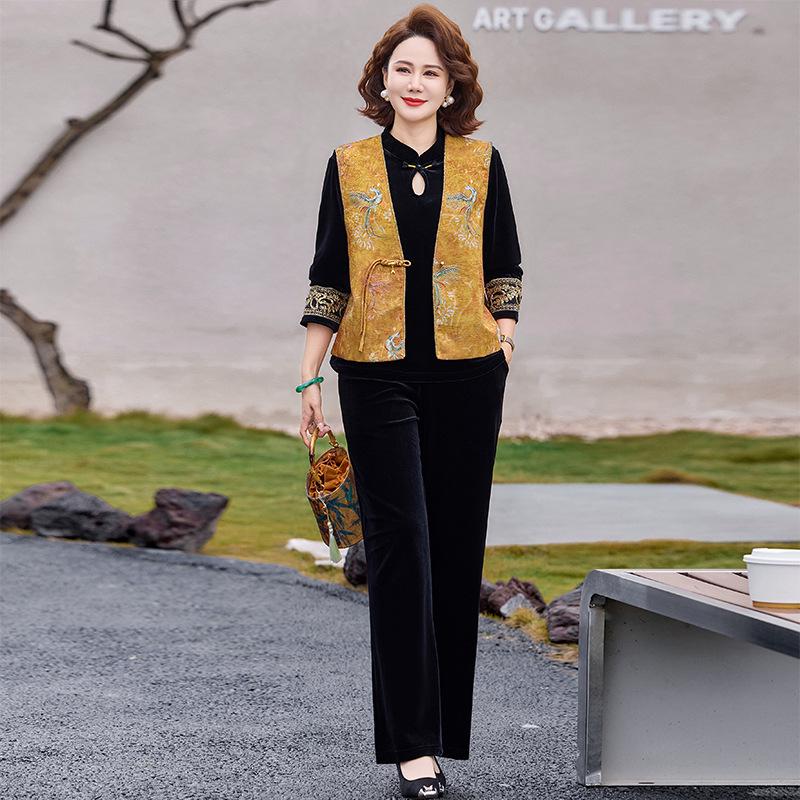 

2026 Chic Chinese Style Spring Set: Mid-Aged Women s National Style Vest & Top for 50-Year-Olds 5XL [suggested 145-160 jin]