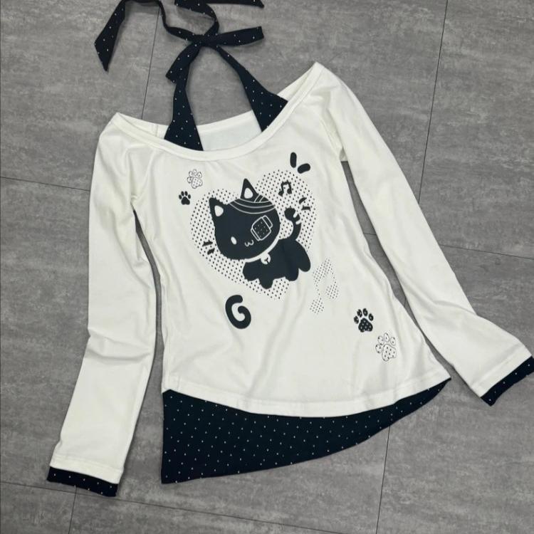 T-shirt da Donna Kawaii Juminocore Gatto Bianco Pois Scollo a Barca Manica Lunga Stile Giapponese Slim Finto Due Pezzi