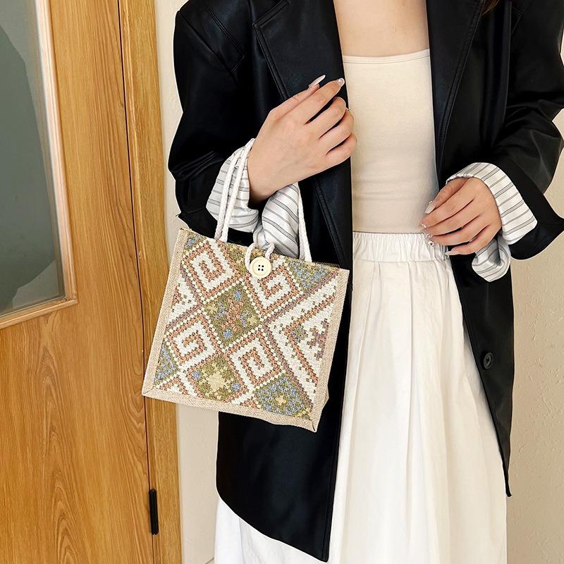 Bolsa de lona estilo étnico feminina moda verão para levar para fora lancheira de linho bolsa bento bolsa de mão para mamãe