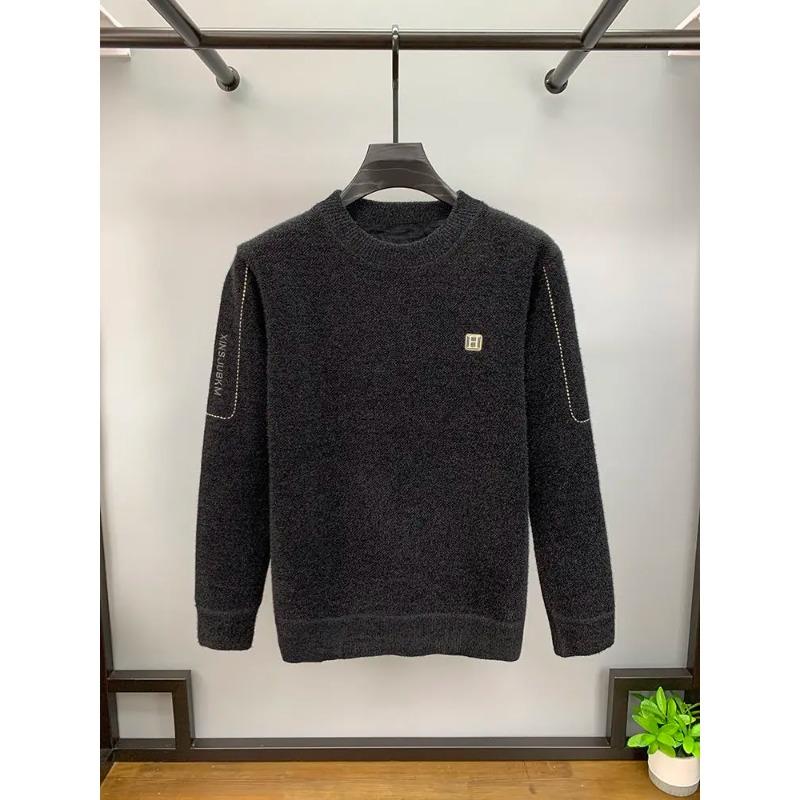 Winter Men's Warm Fleece Sweater O-Neck Embroidered Casual Knitted Inner Lap Pullovers Thick Thermal Underwear Sweater