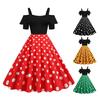 Kobiety Retro Sling Off-Shoulder Midi sukienka rękaw z marszczeniami nadruk w kropki patchworkowa sukienka na wakacje wysoka talia sukienka trapezowa