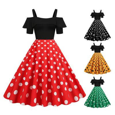 Women Retro Sling Off-Shoulder Midi Dress Ruffles Sleeve Dot Print Patchwork Holiday Dress High Waist A-Line Party Dress