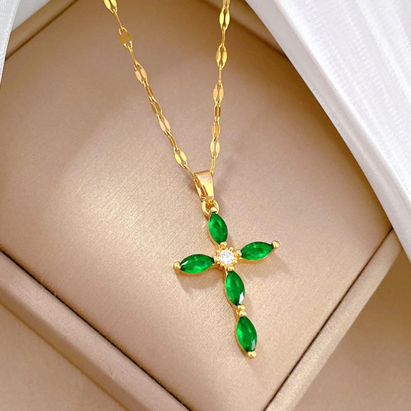 Women's Luxury Zircon Cross Pendant Jewelry Set with Stainless Steel Chain Party Birthday Necklace Earrings Fashion