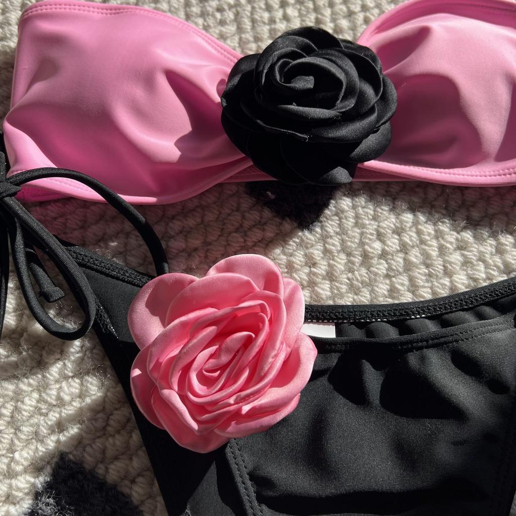 2024 American Style Color Contrast Rose Bandeau Tie Sexy Drawstring Tie Fashion Split Swimsuit Bikini Set Beach Party Clothes
