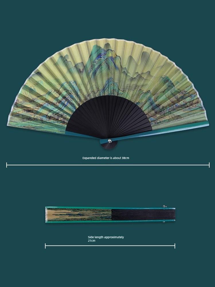 Folding Fan with Ancient Chinese Style, Featuring Landscape Motifs, Suitable for Summer, Portable Bamboo Fan for Hanfu, Cheongsam, and Dance Use