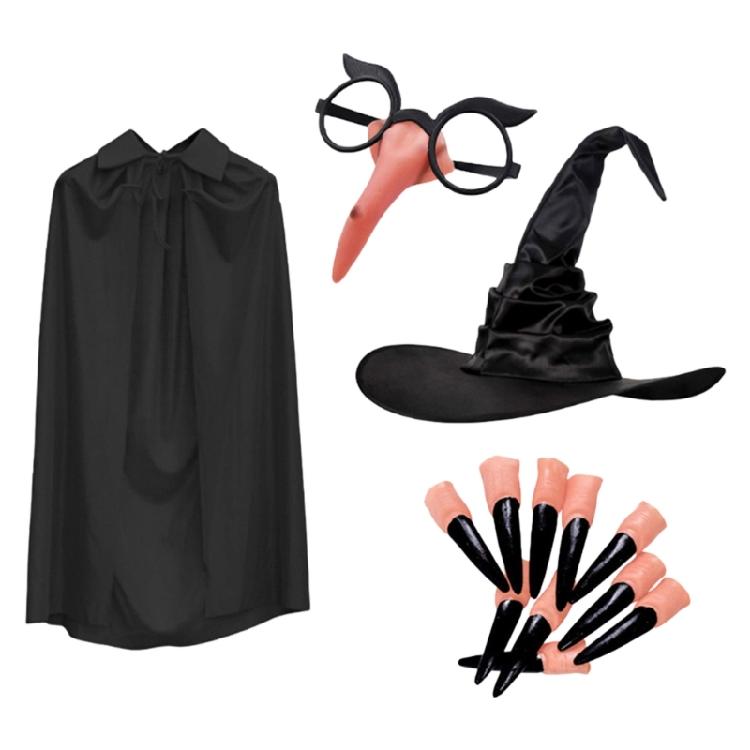 3/4Pcs Witches Witch Costume Accessories Halloween Cosplay Costumes Witches Hat Fake Fingernails Nose Glasses for Adults