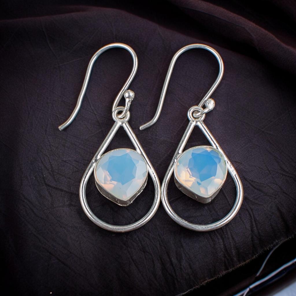 Genuine Milky Opal Gemstone 925 Sterling Silver Designer Jewelry Earrings 1.50" EE-38-15