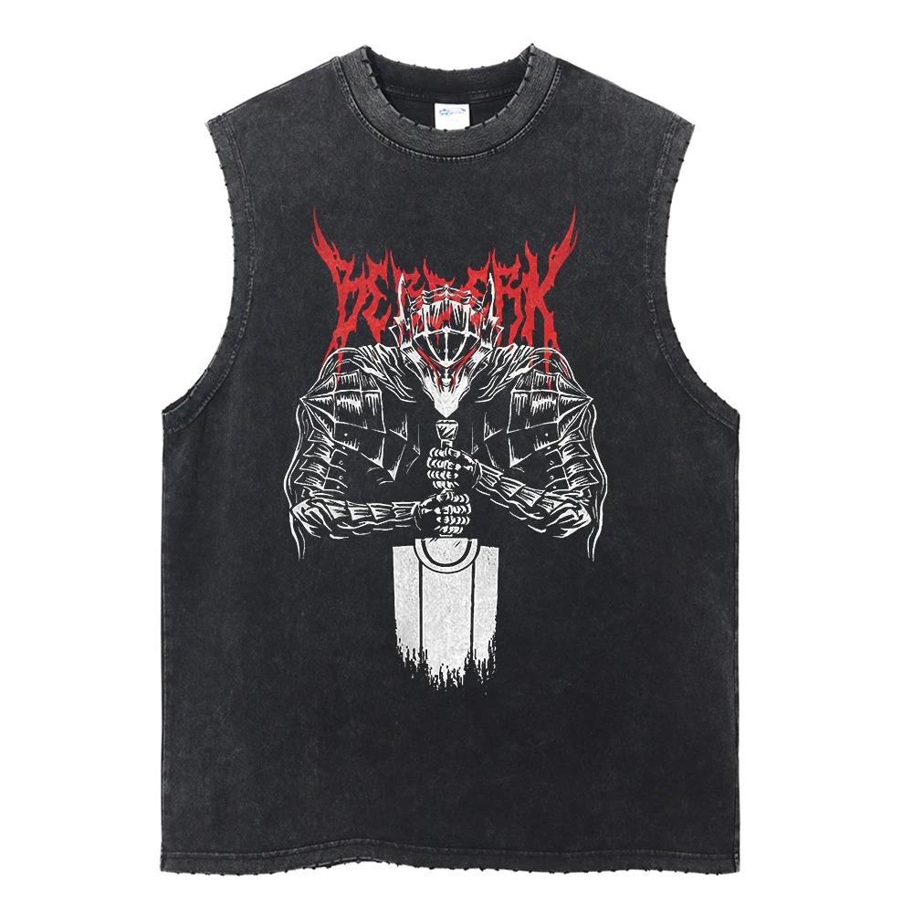 Summer Men Vintage Streetwear Sleeveless T-Shirts Cotton Tops Tees Washed Anime Print Casual Tops Oversize Tank Top