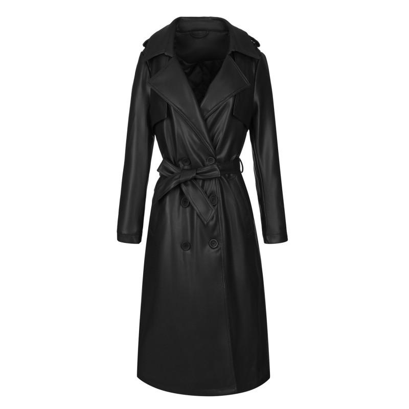 Womens Long PU Leather Coat With