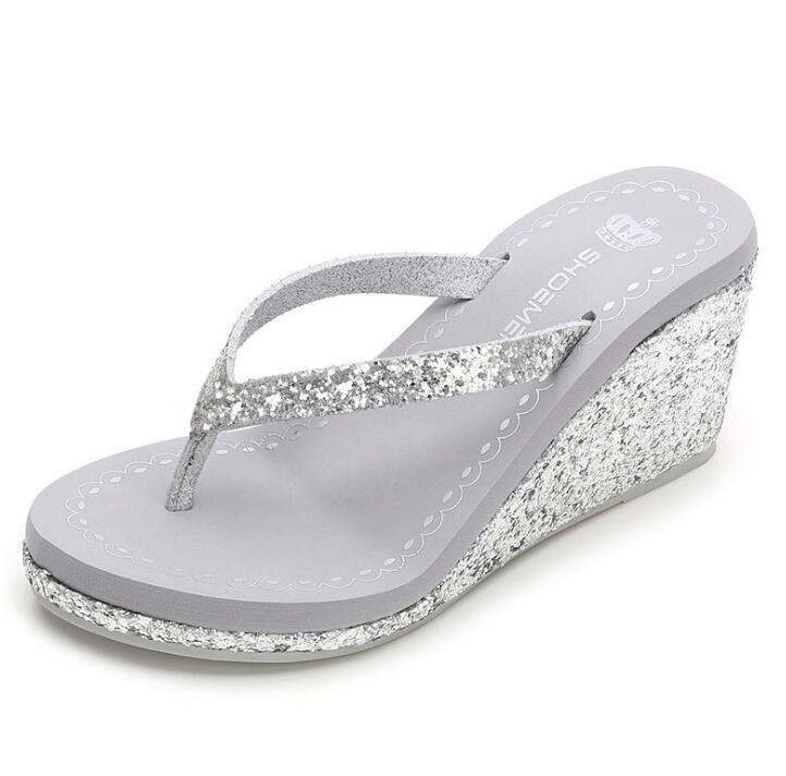 New summer Sequins Thick Bottom Slippers Sandals Summer Women Beach Wedges Shoes Sexy High Heel Rhinestone Flip Fops women