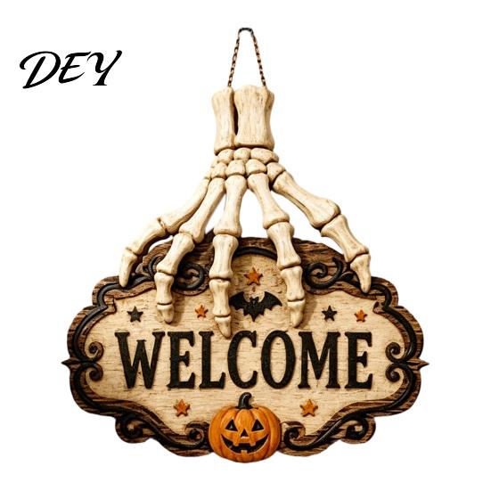 Horror Style Storefront Sign Skeleton Hand Door Welcome Sign, Halloween Pumpkin Bat Pattern Decor, Retro Distressed Wood Decor Wall Hanging S