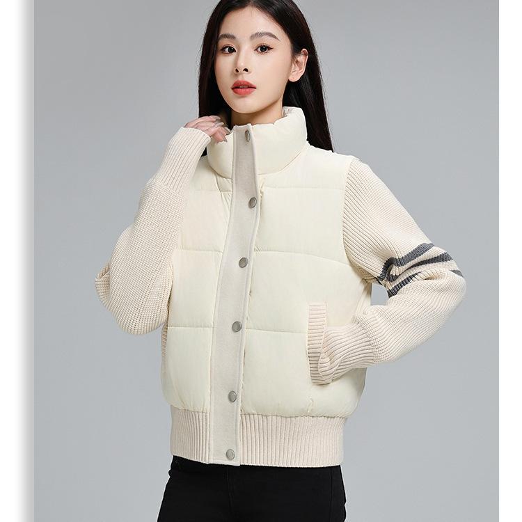 Cotton clothes women's short autumn and winter new small fragrant style stand-up collar loose splicing knitted loose casual jacket jacket cotto