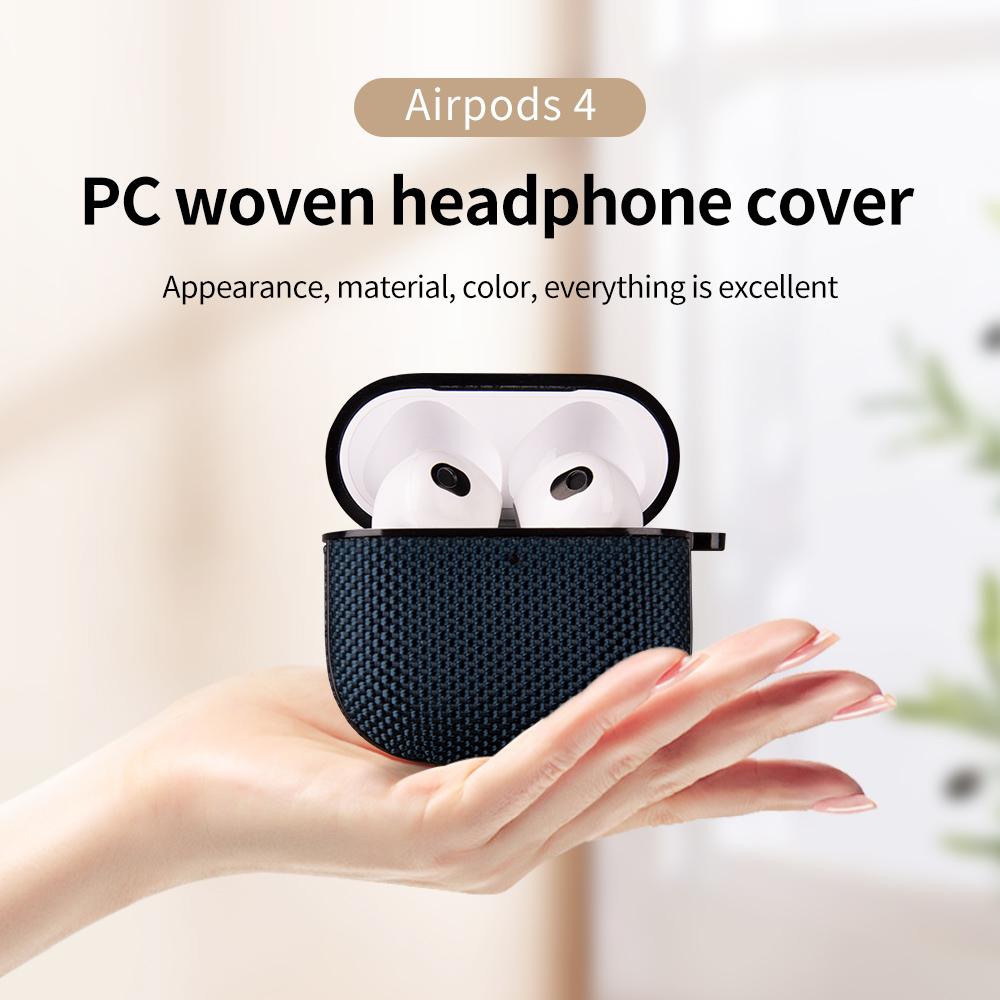 

For Apple AirPods 4 Woven Texture Waterproof PC Case with Carabiner Earphone Protective Cover Dark Blue