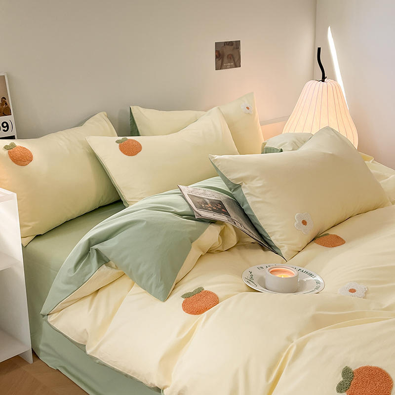 Class A pure cotton washed cotton four-piece set 40s towel embroidery small fresh student dormitory three-piece set bed sheet quilt cover