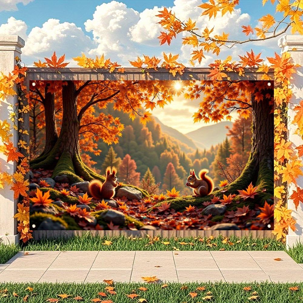 2D planar single-panel autumn welcome banner - The lively autumn theme features two squirrels and colorful leaves