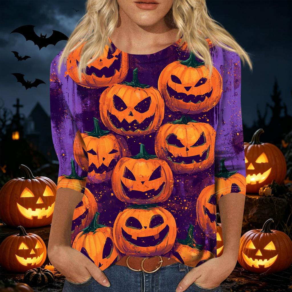 Women's Casual 3/4 Sleeve Halloween Print Pullover Top Crew Neck Lightweight Fall Shirt