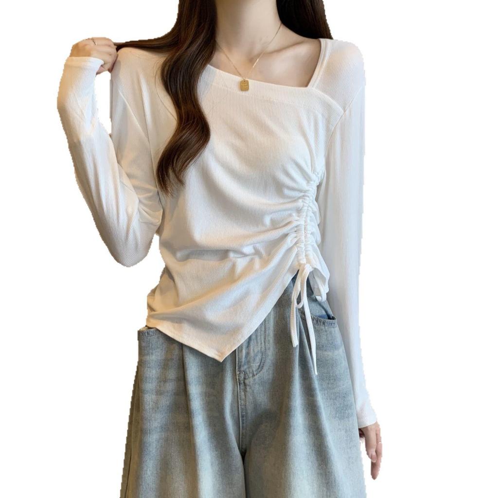 Plus Size Women's Korean Chic Square Neck Ruffled Top - Slimming Long Sleeve Tummy-Covering Autumn T-Shirt