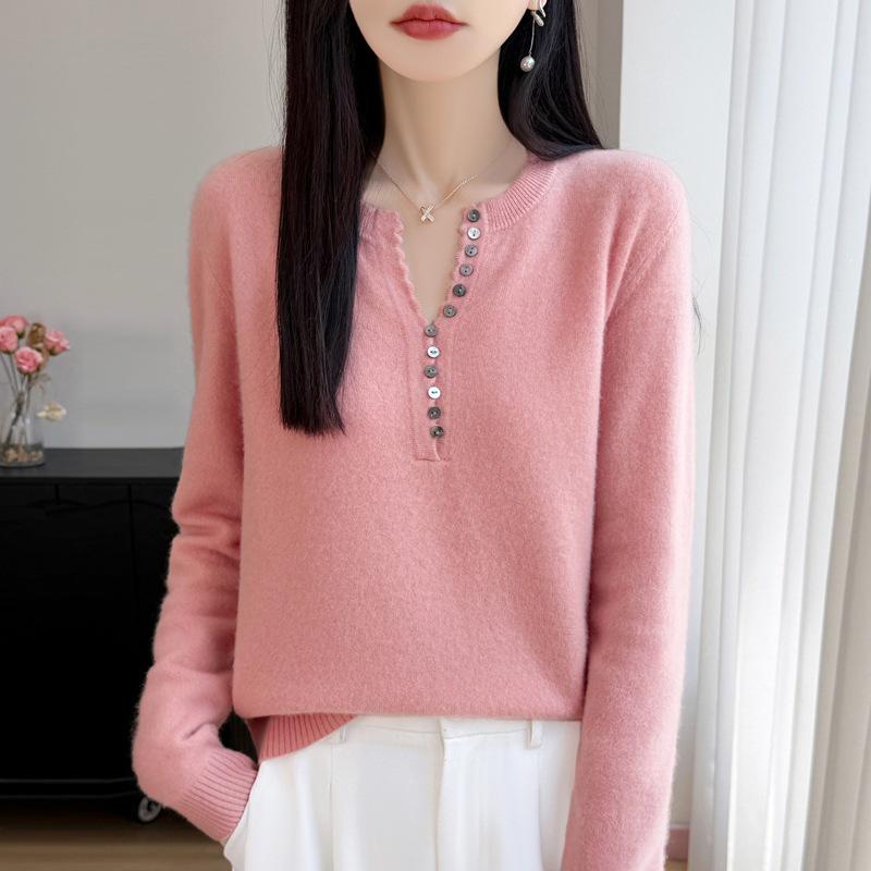 Autumn/Winter Women's Pure Wool V-neck Long Sleeve Multi-button Loose Sweater