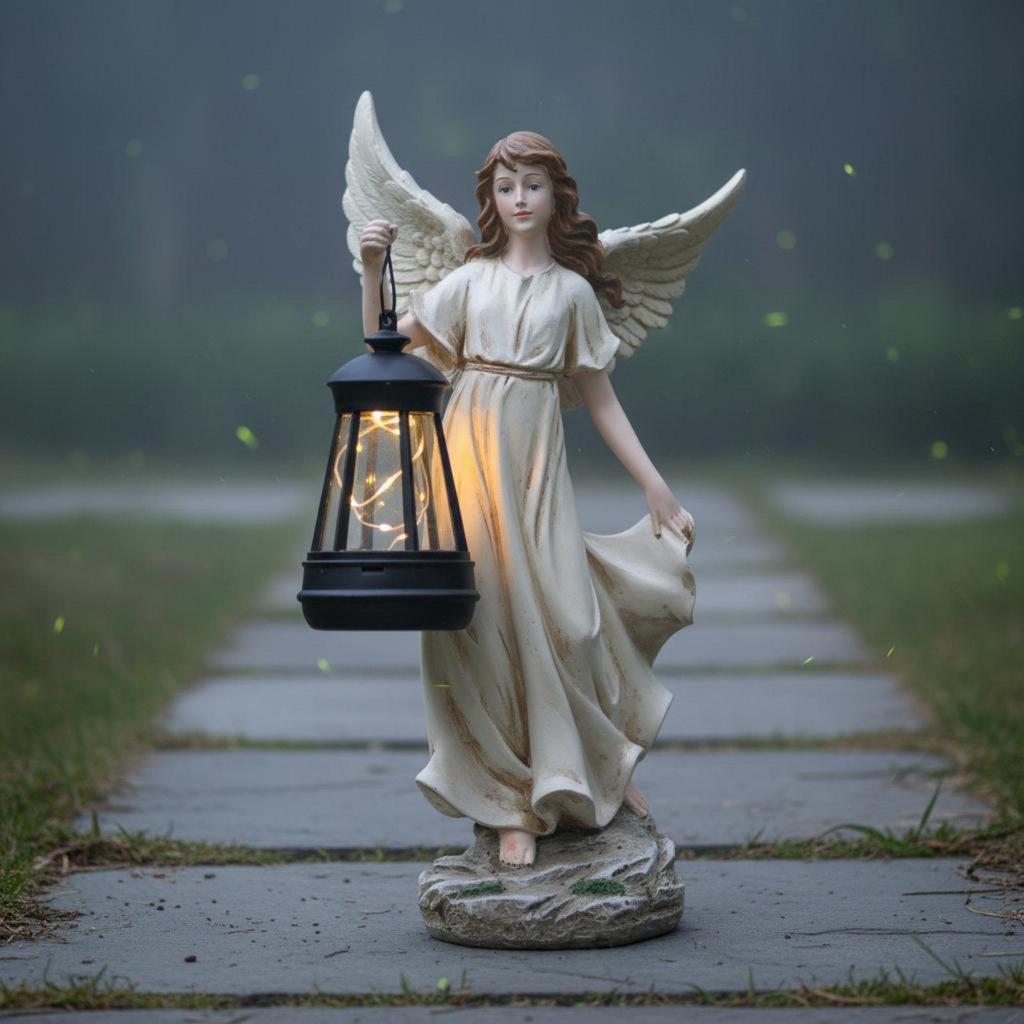 Solar Divine Outdoor Light HandPainted Angel Statue with Lantern Waterproof Decoration