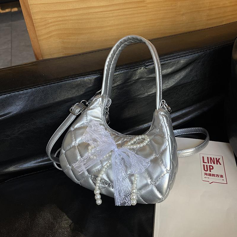 

Сладкий ветер бант плечо подмышка сумка женская 2025 новая бриллиантовая цепочка сумка-мессенджер нишевая сумочка серебряный