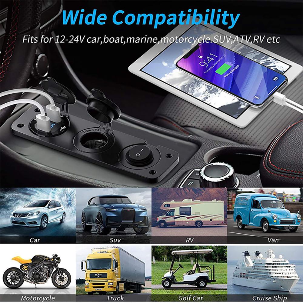 12V Cigarette Lighter Socket 3 in 1 Waterproof Car Dual QC3.0 USB Outlet Panel for RV Marine Boat Power Socket Charger Socket