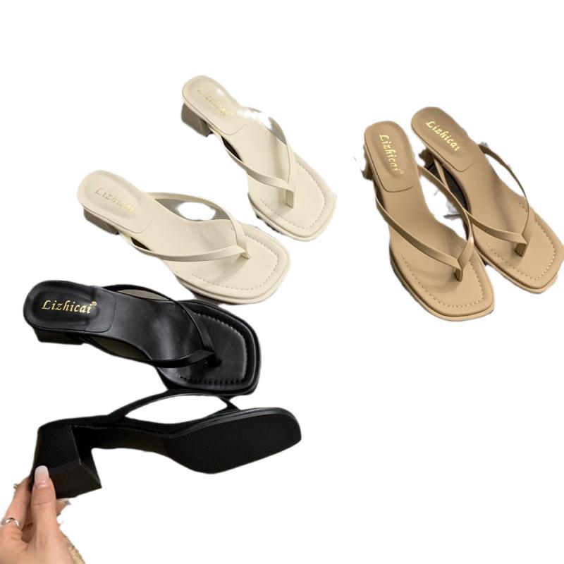 Thick-heeled slippers women's outer wear summer 2025 new Korean version French evening temperament fairy fashion high-heeled flip-flops