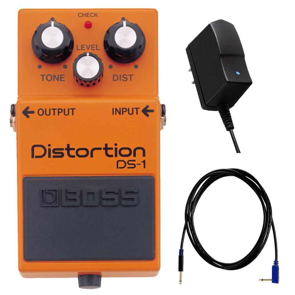 Connect Days BOSS DS-1 Distortion Pedal Guitar Effects 3-Piece Set with PSA-100S2 Power Supply Adapter & VOX VGS-30 Instrument Cable