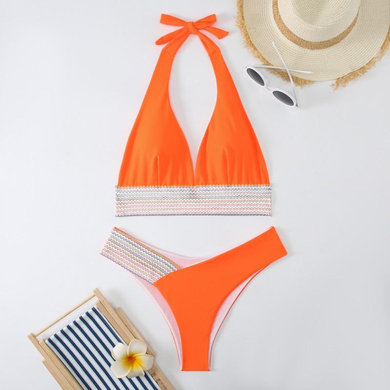 Pure Color Split Swimsuit Women Sexy Tight Bikini High Waist Neck Gathered