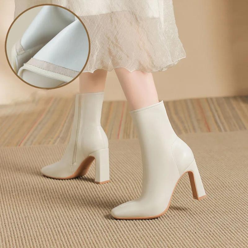 Fashion 2025 Autumn Winter Women Soft Leather Plus Velvet Heel Ankle Boots Fashion Square Toe Zipper Ladies Short Boots Botas De Mujer