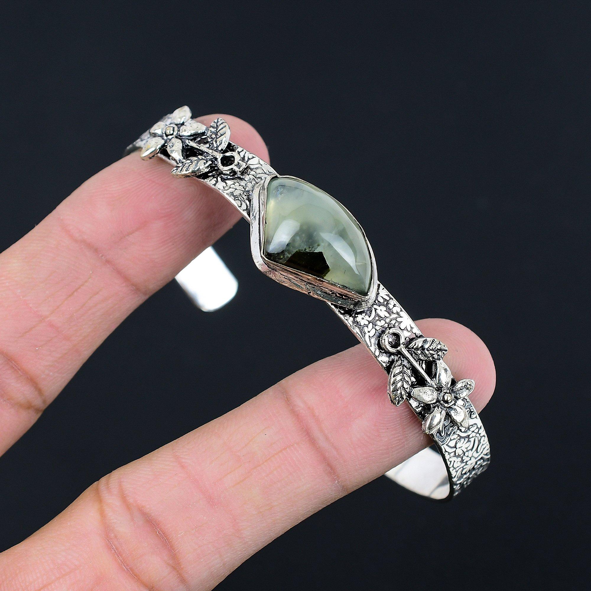 

Natural Moss Moss Prehnite Sterling Silver Mother Ethnic Flower Bangle Jewelry Adjustable