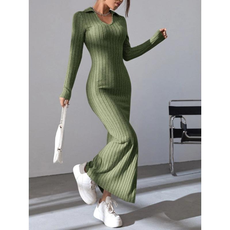 YYFS Women's Fashion Spring Fall Solid Color Print Long Sleeve POLO Neck High Waist Casual Dresses