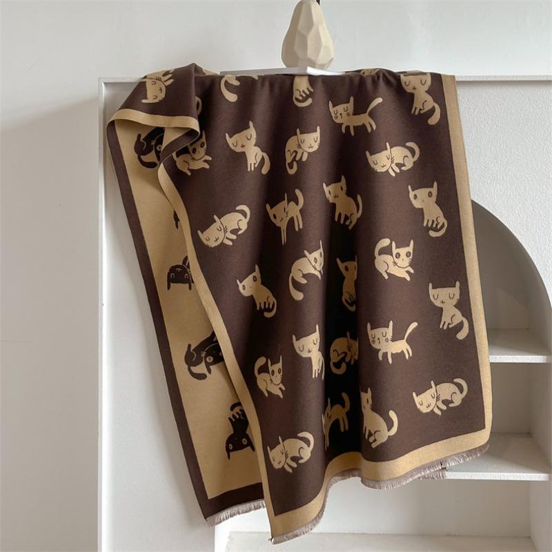 Double-sided jacquard thermal air conditioner shawl winter long imitation cashmere personalized fashion scarf female cat scarf