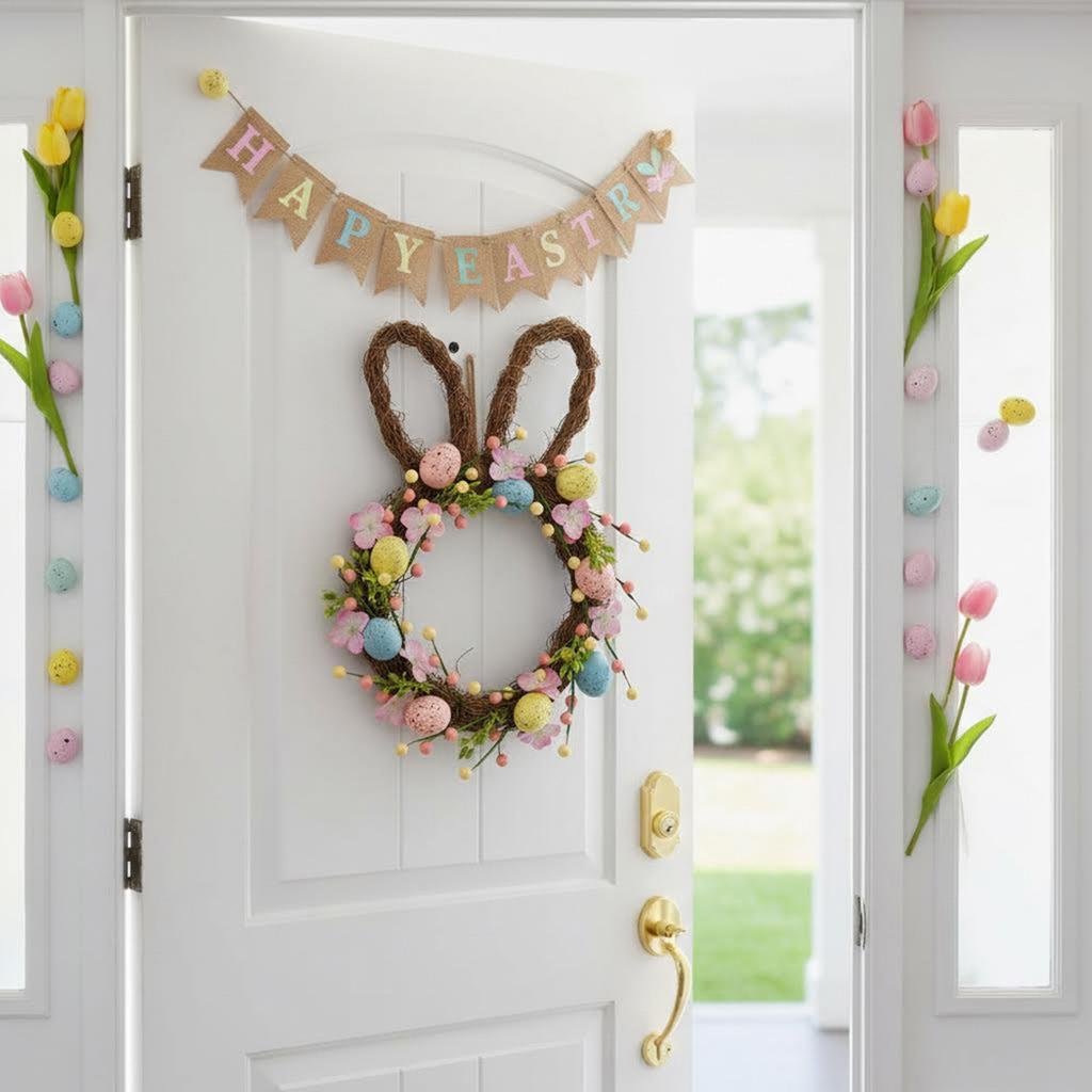 Easter Bunny Wreath for Porch Front Door Cute Garland Easter Wreath with Artificial Floral & Colorful Eggs Festival Decorations