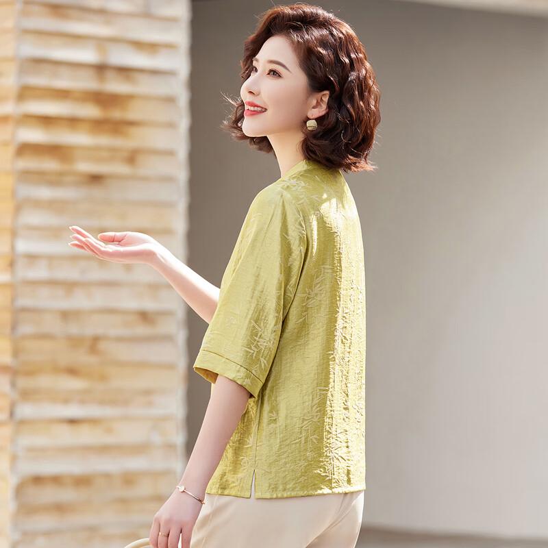 Hemd im chinesischen Stil mit Bambusblattdruck und Stehkragen für Frauen mittleren Alters
