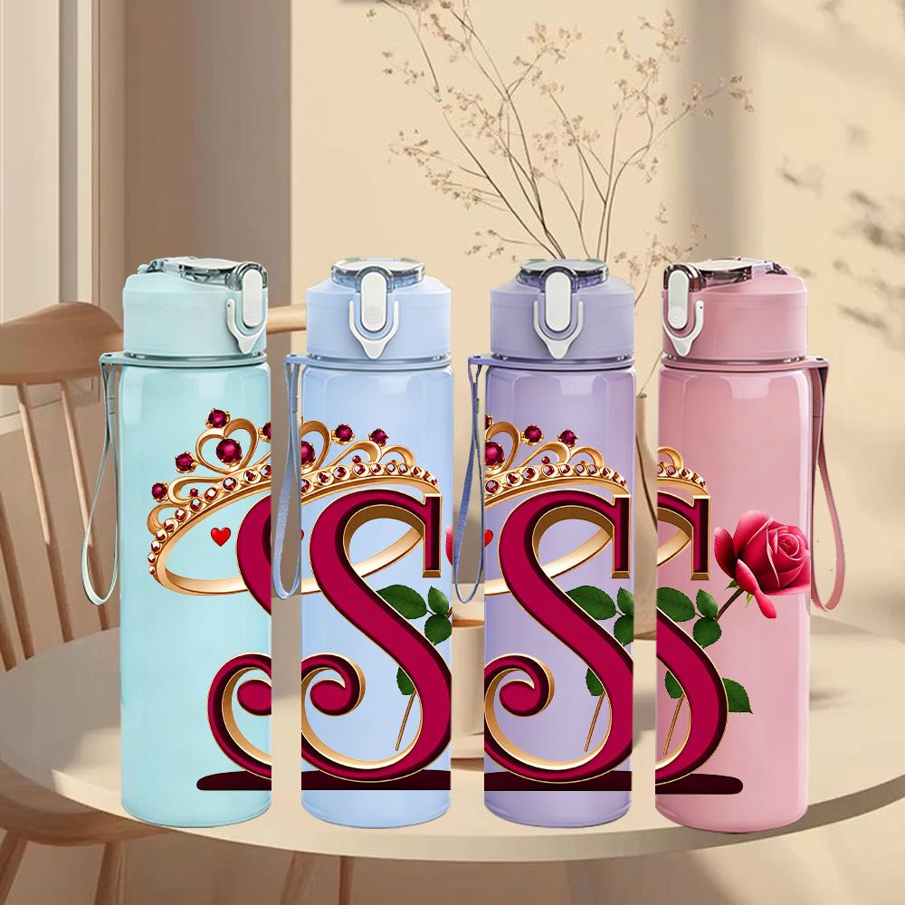 1 ks Koruna Růže Písmeno S Monogram 750ml Barevná Plastová Sportovní Láhev na Vodu Neprosakující Víčko s Flip-Top Brčkem Vhodné pro Sport Kancelář Domácí Použití