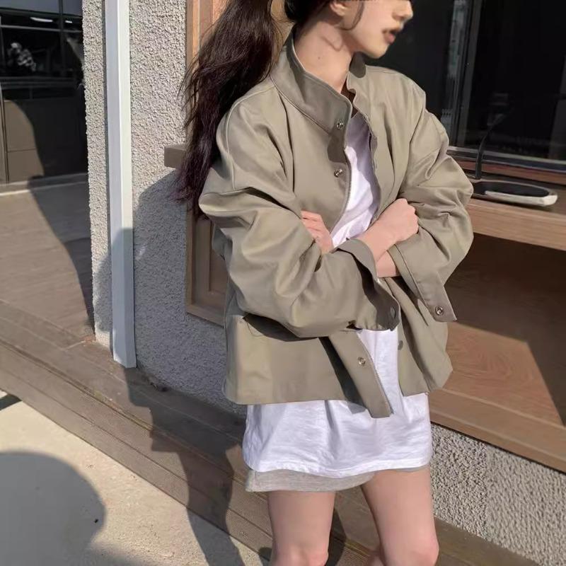 Koreanische Frühjahrs- und Herbst-Revers-Reißverschluss-Design Lockere und vielseitige Langarm-Jacke Hemd Motorradjacke Jacke für Damen