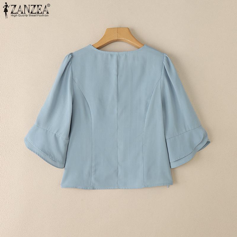 ZANZEA Women Summer Square Collar Casual Solid Color 3/4 Sleeve Blouse