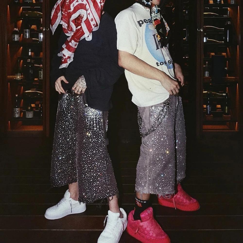 Streetwearové volné džínové šortky s celoplošným potiskem z kamínků pro muže, s roztrhanými dírami, prané, krátké, ležérní, volné, pětikapsové