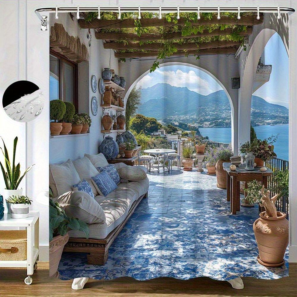 

3D Villa Shower Curtain Sea View Balcony Garden Design Mediterranean Style Calm Nature Decor Waterproof Printed Bath Curtain 90x180CM